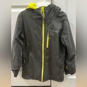 Columbia Kids Dark Gray Raincoat with Bright Yellow Zippers